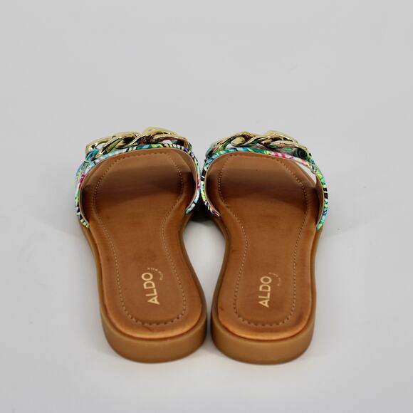 Aldo Ezio Buckled Flat Slide Sandals Womens Size 8.5 Bright Snake Multi Gold NEW - Picture 3 of 9